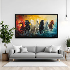 Seven running horses colourful painting in black floater frame for office and home decor