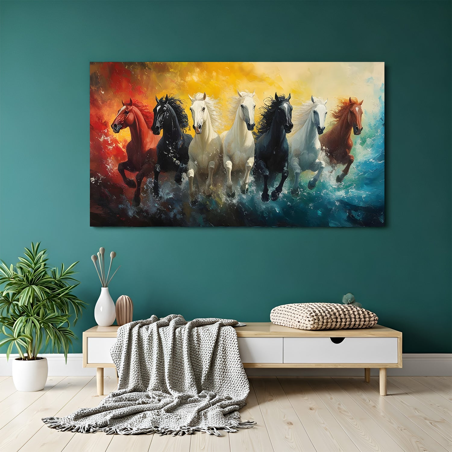 7 running horses colourful vastu wall art in canvas wrapped frame for living room decor