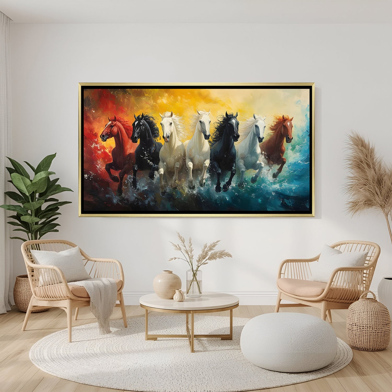 7 running horses vibrant wall painting in golden floater frame symbolising success and prosperity