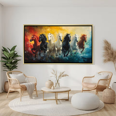 7 running horses vibrant wall painting in golden floater frame symbolising success and prosperity