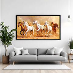 Seven running horses golden Vastu painting in black floater frame for office wall