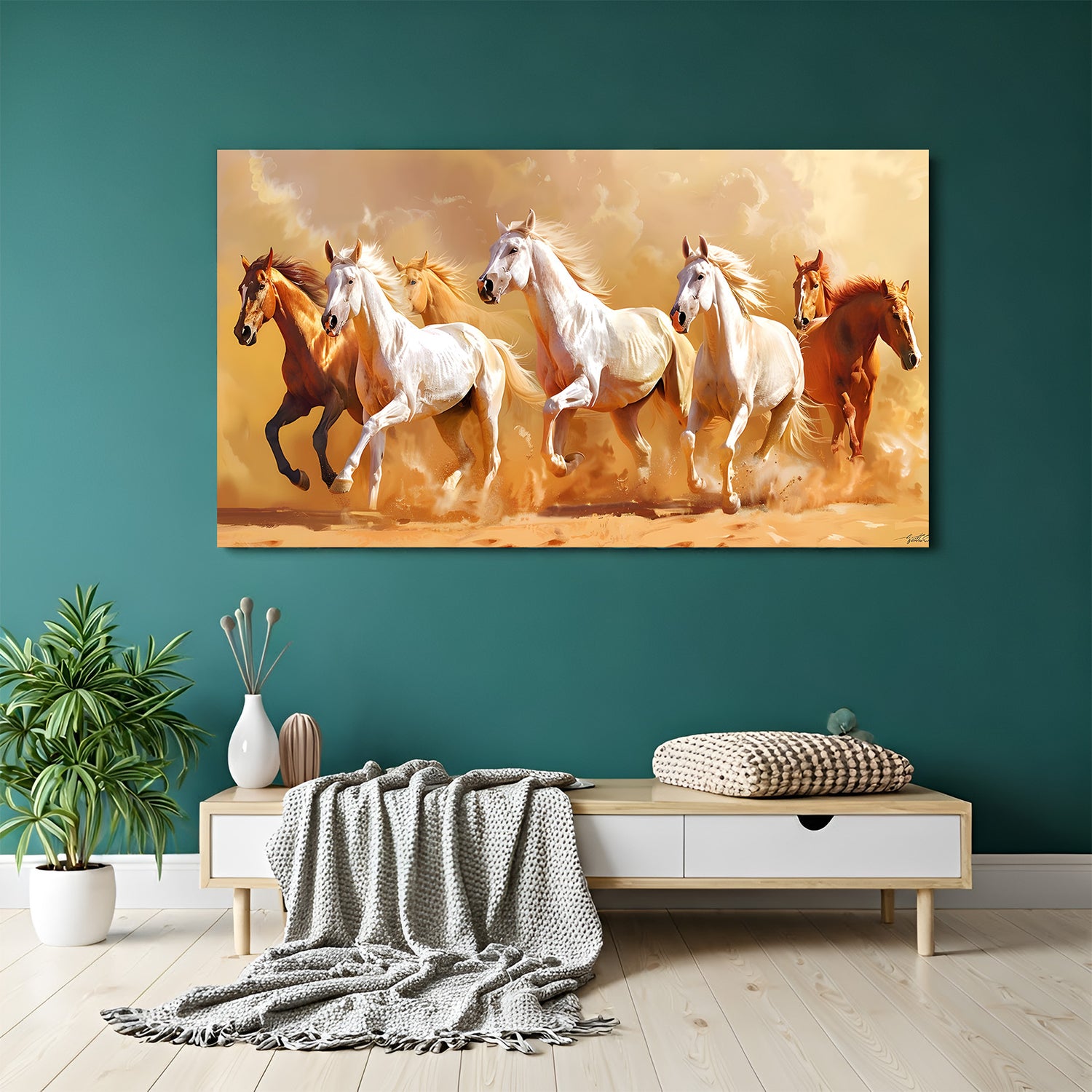 7 running horses golden desert canvas wall art for living room Vastu decor