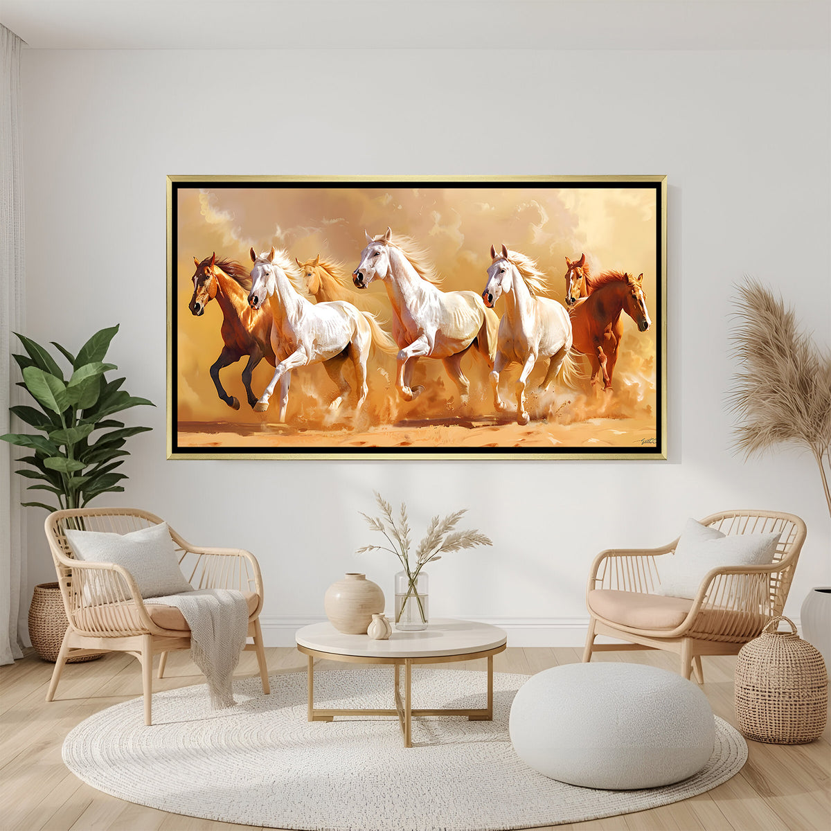 Luxury 7 running horses golden desert wall art in golden floater frame