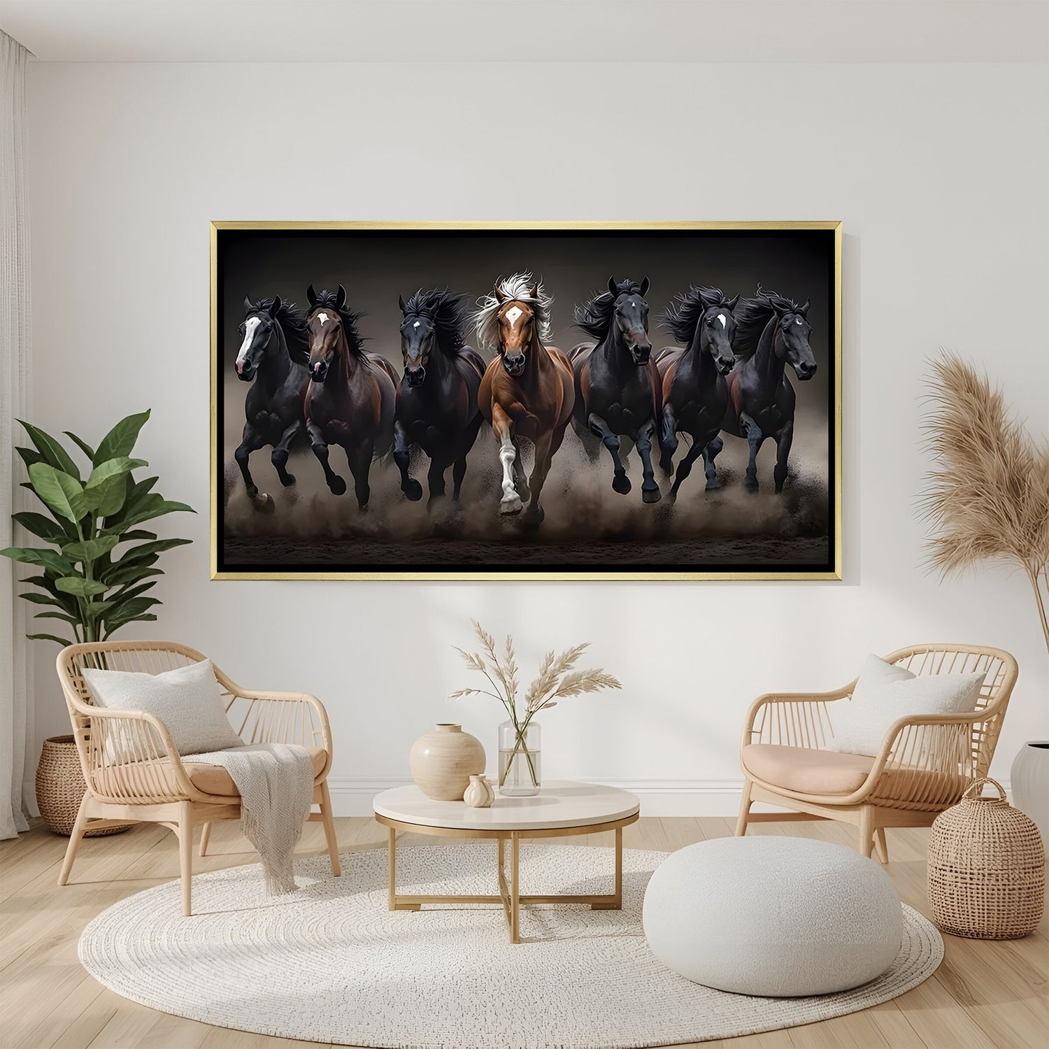 7 horses Vastu wall art in golden floater frame for home and office