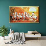 Golden frame seven horses wall art for luxury, Vastu harmony, and success-driven decor in homes and offices