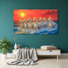 Seven running horses sunset Vastu canvas wall art in gallery wrapped frame style for living room