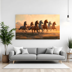 7 running horses vastu wall art in canvas wrapped frame with desert sunset background