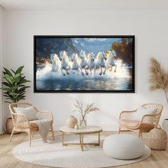 Seven white horses Vastu painting in black floater frame for living room décor