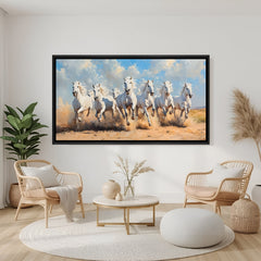 Seven white horses Vastu painting in black floater frame for office decor