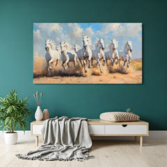 7 white running horses canvas wall art for living room as per Vastu
