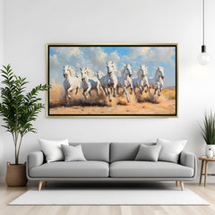 Luxury 7 white running horses wall art in golden floater frame for home decor