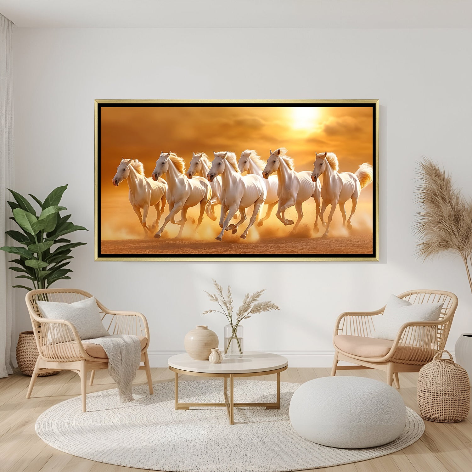 Luxury 7 white running horses golden sunset wall art in golden floater frame