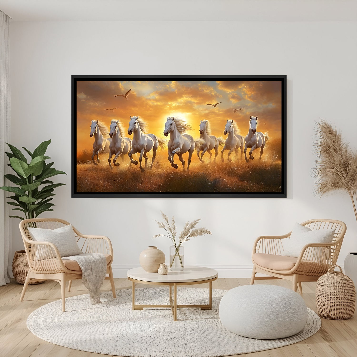 Seven white horses sunset Vastu painting in black floater frame for office decor