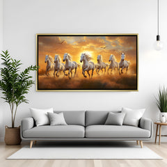 Luxury 7 white running horses sunset wall art in golden floater frame for home decor