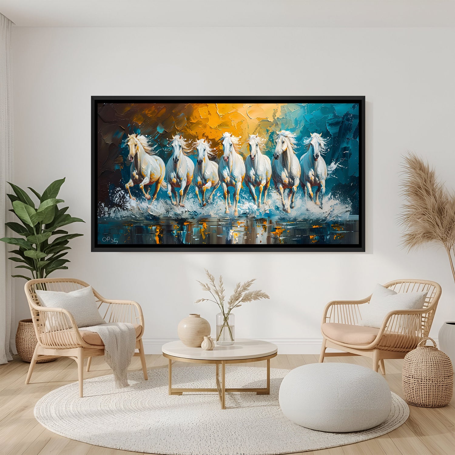 Seven white running horses Vastu painting teal gold in black floater frame