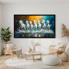 Seven white running horses Vastu painting teal gold in black floater frame