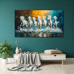 7 white running horses teal gold abstract canvas wall art for living room Vastu