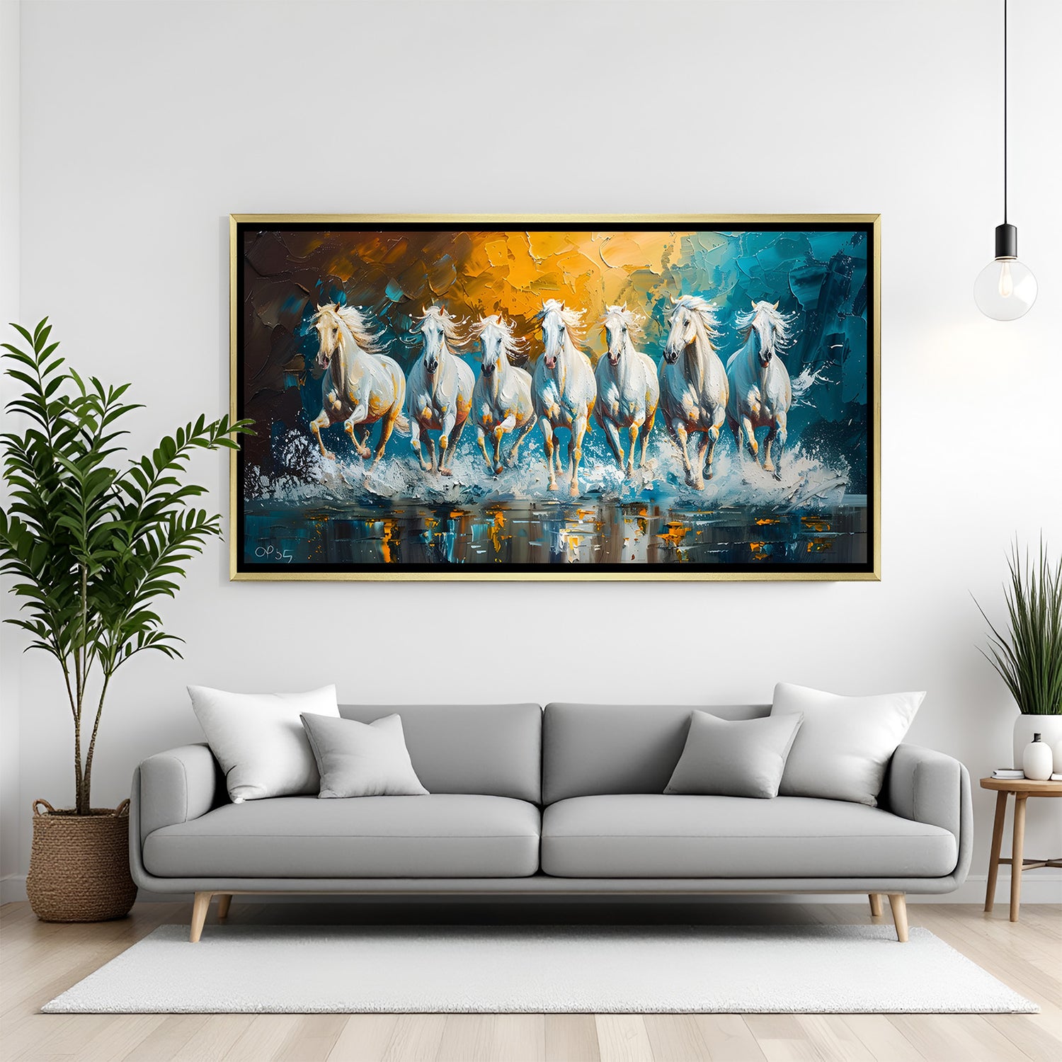 Luxury 7 white running horses teal gold Vastu wall art in golden floater frame