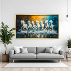 Luxury 7 white running horses teal gold Vastu wall art in golden floater frame