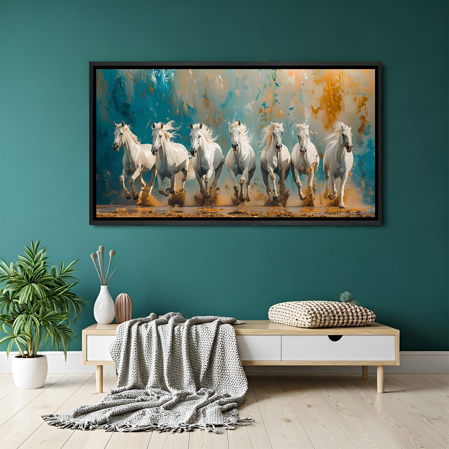 Seven white running horses Vastu painting in black floater frame for office wall