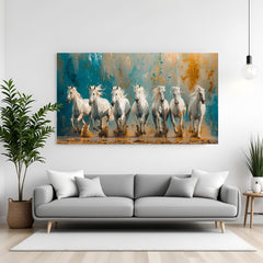 7 white running horses teal gold canvas wall art for living room Vastu decor