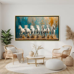 Luxury 7 white running horses teal gold wall art in golden floater frame