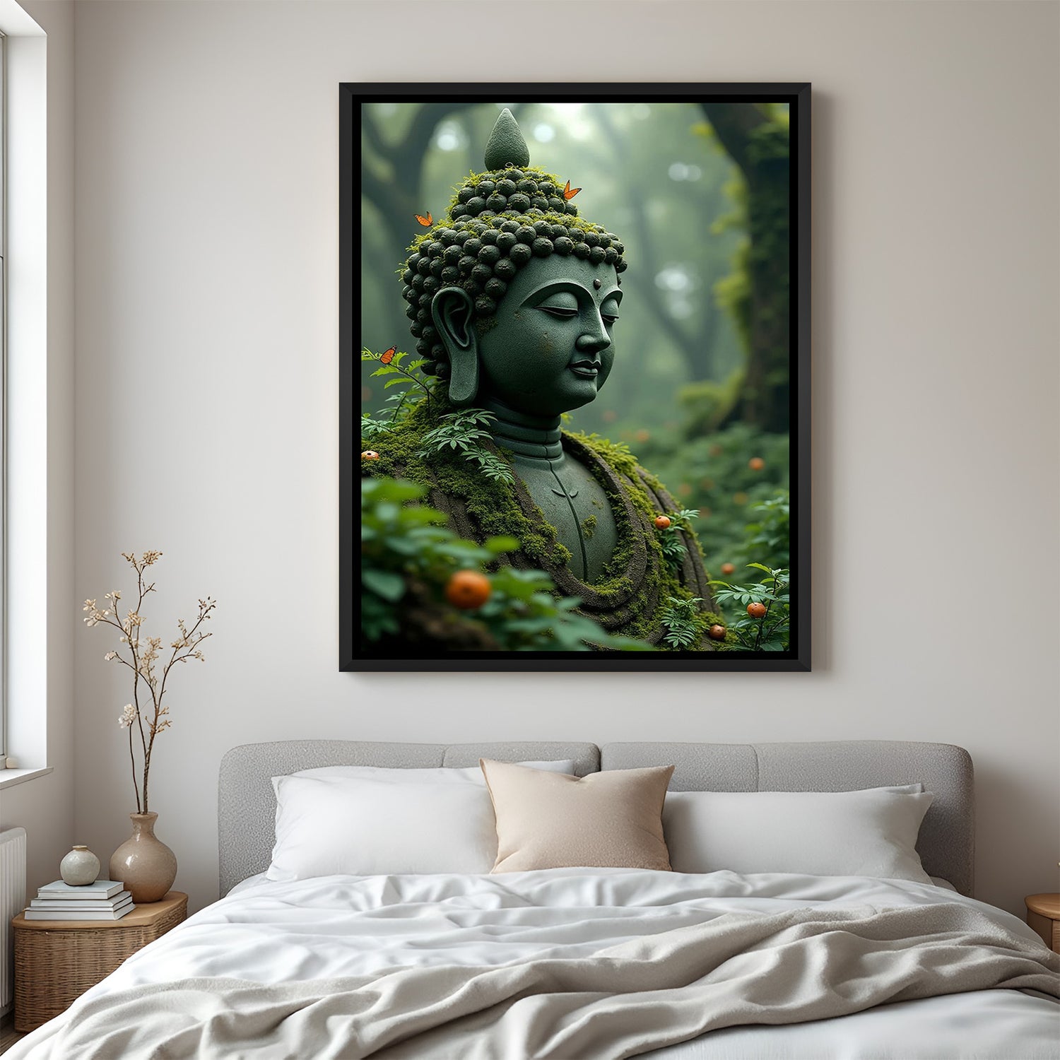 Buddha Wall Art with Greenery in Black Floater Frame – Modern spiritual Buddha painting for living room or meditation space decor
