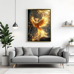 Golden Phoenix Wall Art in Golden Floater Frame – Luxurious decor piece representing the mythical bird of rebirth and victory for premium home design