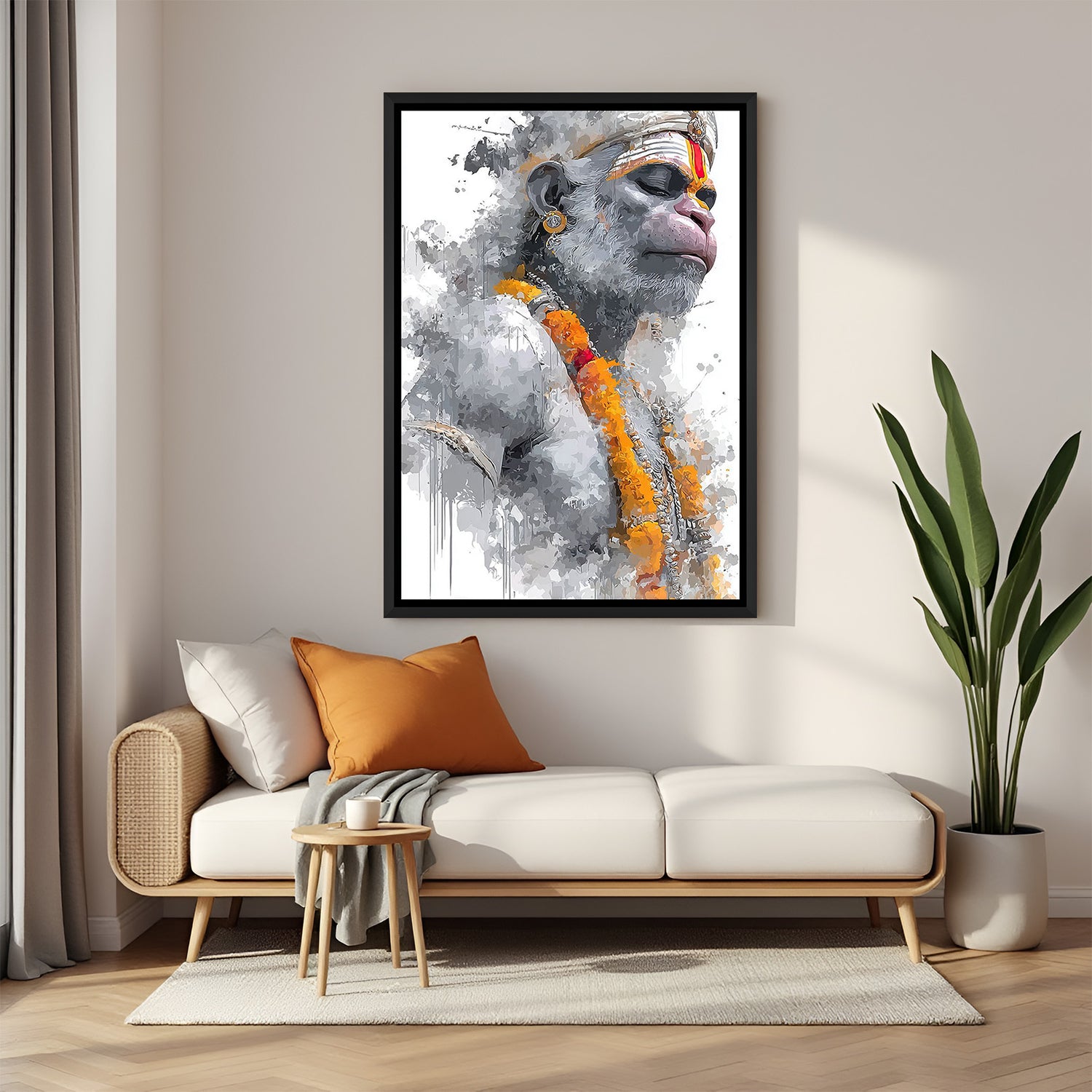 Hanuman Ji Painted Style Wall Art in Black Floater Frame with artistic grey tones for peaceful and powerful interiors