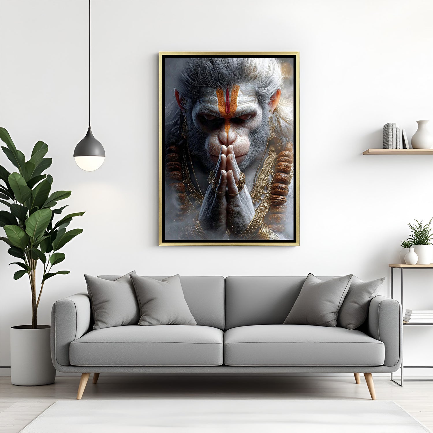 Lord Hanuman Wall Art in Golden Floater Frame – Elegant spiritual artwork of Hanuman exuding positivity, protection, and premium wall decor appeal