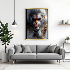 Lord Hanuman Wall Art in Golden Floater Frame – Elegant spiritual artwork of Hanuman exuding positivity, protection, and premium wall decor appeal