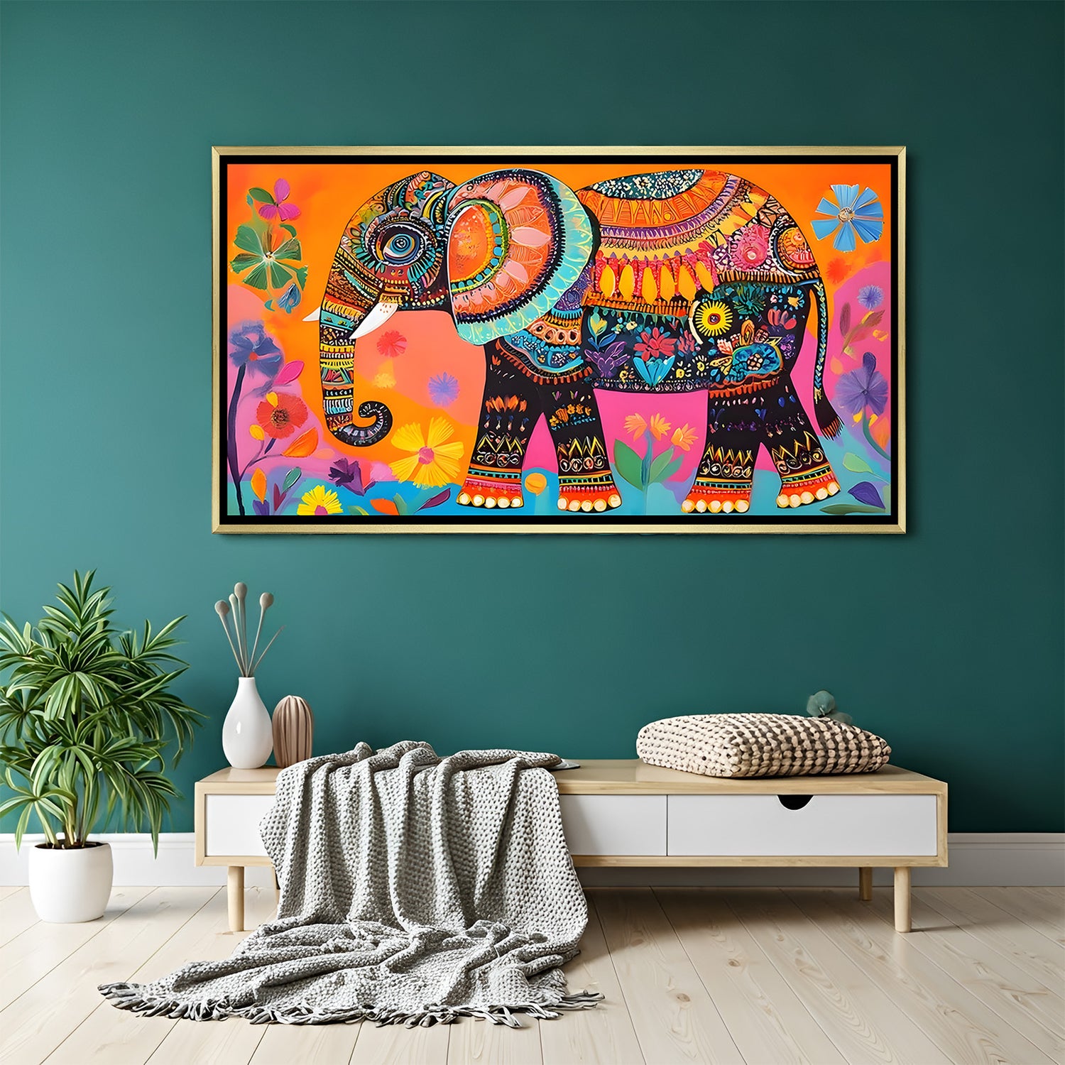 Kalamkari elephant wall art in luxury golden floater frame with traditional Indian design