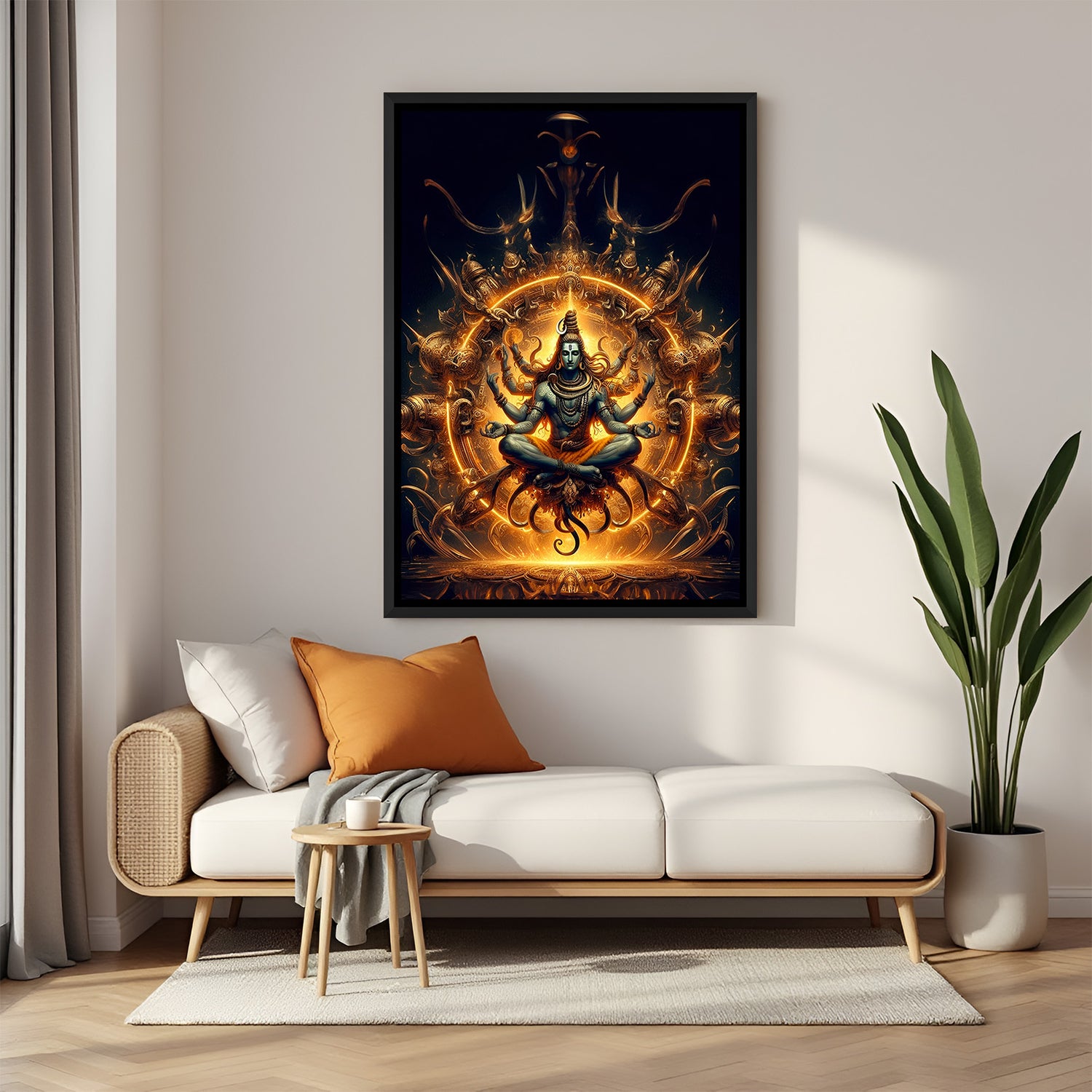 Shiv Ji Cosmic Wall Art in Black Floater Frame – Majestic artwork of Mahadev symbolizing transformation and spiritual balance for interiors