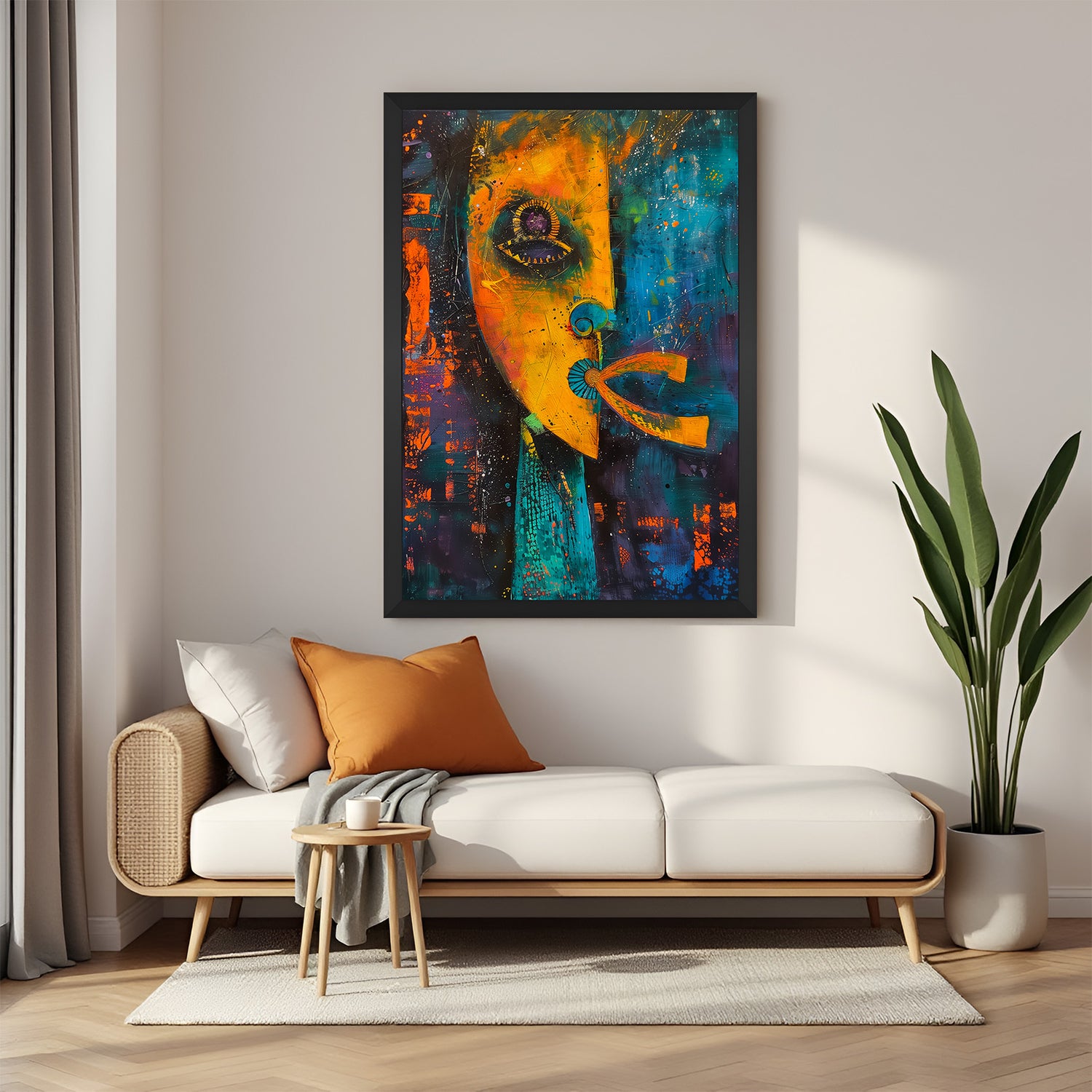 Framed canvas of tribal abstract African artwork in modern brush style and black floater frame, great for Afro-inspired modern spaces