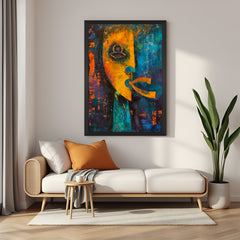 Framed canvas of tribal abstract African artwork in modern brush style and black floater frame, great for Afro-inspired modern spaces