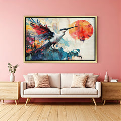 Artistic abstract bird wall painting with golden floater frame – refined and modern canvas art for luxury decor and serene spaces
