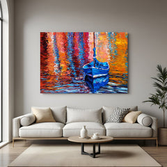 Abstract wall art of boat on a wavy river – painted canvas print with distorted water reflection for scenic and modern wall decor