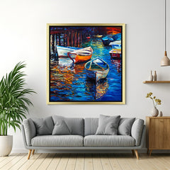 Golden frame abstract canvas wall art of boats – elegant and modern artwork perfect for tranquil and scenic wall styling