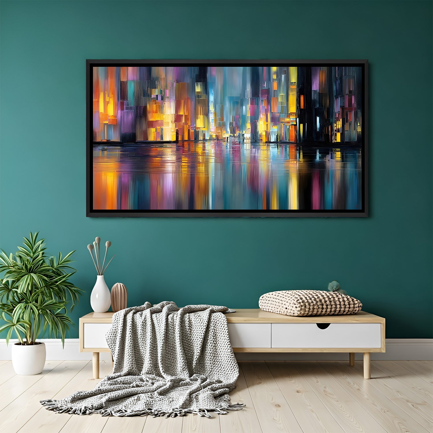 Colorful abstract city skyline canvas wall art with reflections in black floater frame above sofa in contemporary living room decor