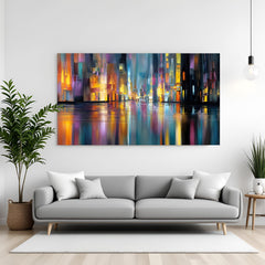Abstract city lights canvas wall art with colorful reflections in blue, gold, and purple tones displayed above sofa in modern living room canvas wrap decor