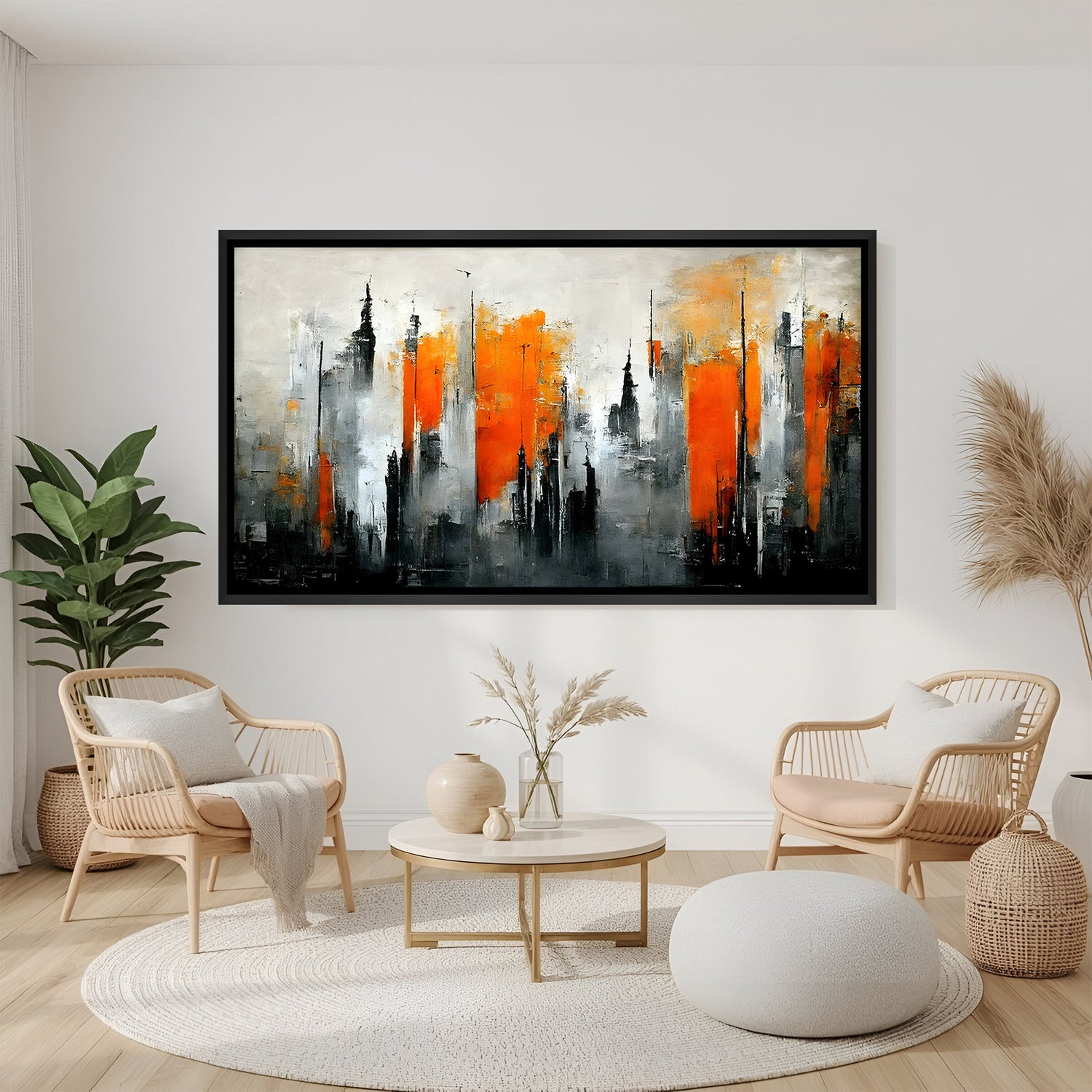 Abstract city skyline painting with orange accents in black floater frame for modern living room decor