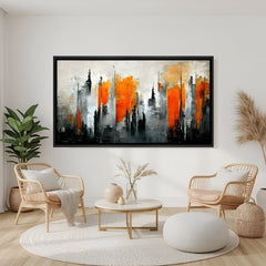 Abstract city skyline painting with orange accents in black floater frame for modern living room decor