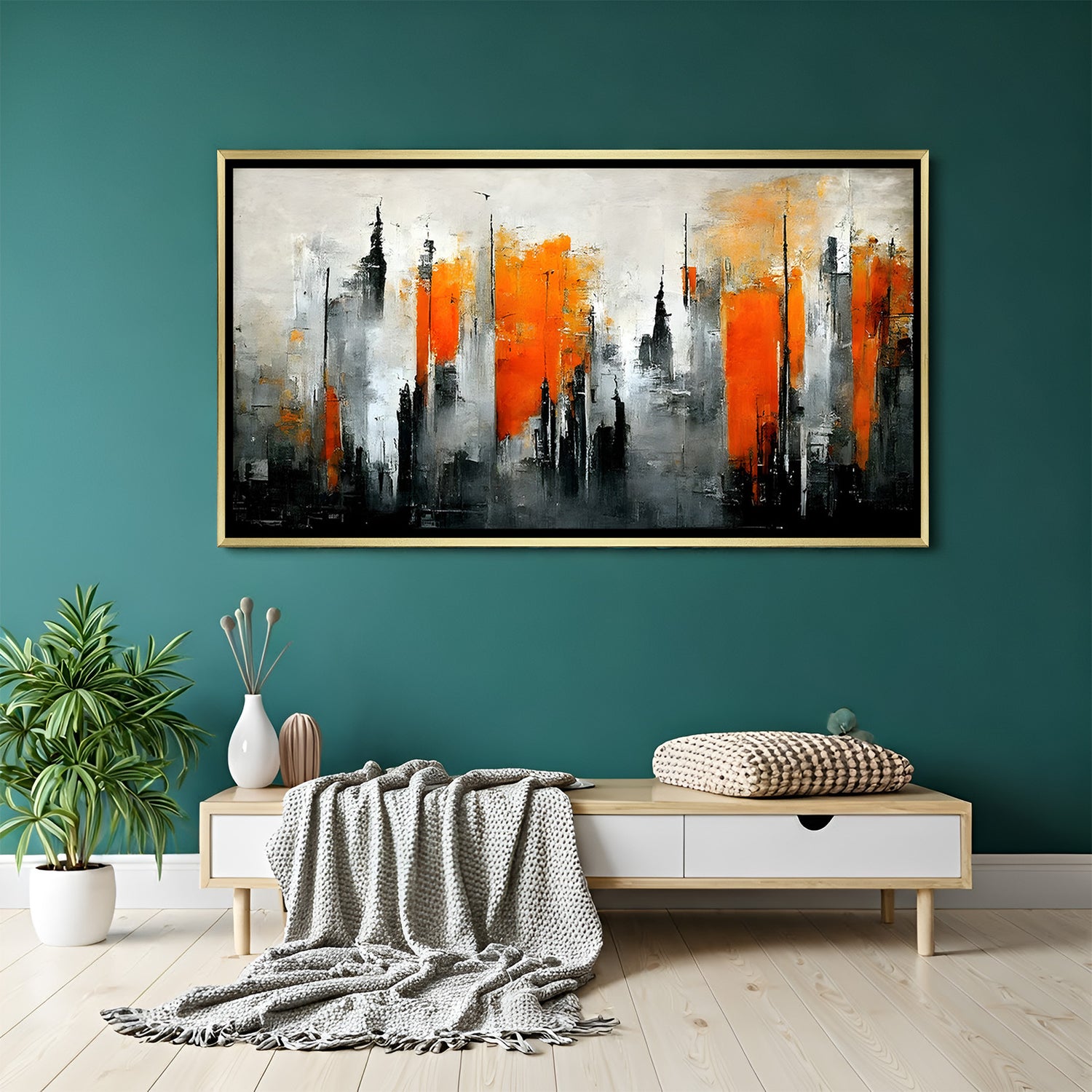 Contemporary abstract cityscape canvas wall art with orange and grey tones in golden frame elegant home decor