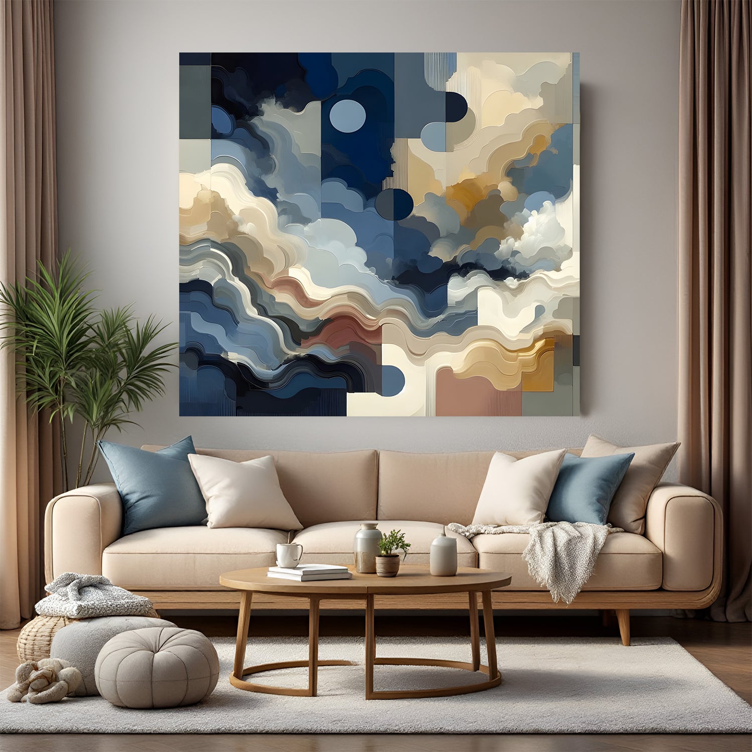 Abstract cloud landscape canvas wall art with geometric modern design