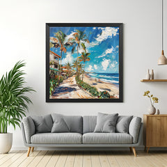 Black frame coastal abstract beach wall art – modern canvas with ocean view and artistic beach style