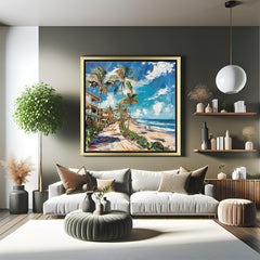 Golden frame abstract beach canvas – ocean waves and shoreline in modern painted wall art