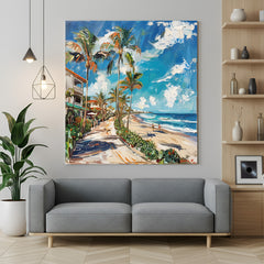 Abstract coastal beach canvas wall art – painted ocean and shore scene in soft modern tones