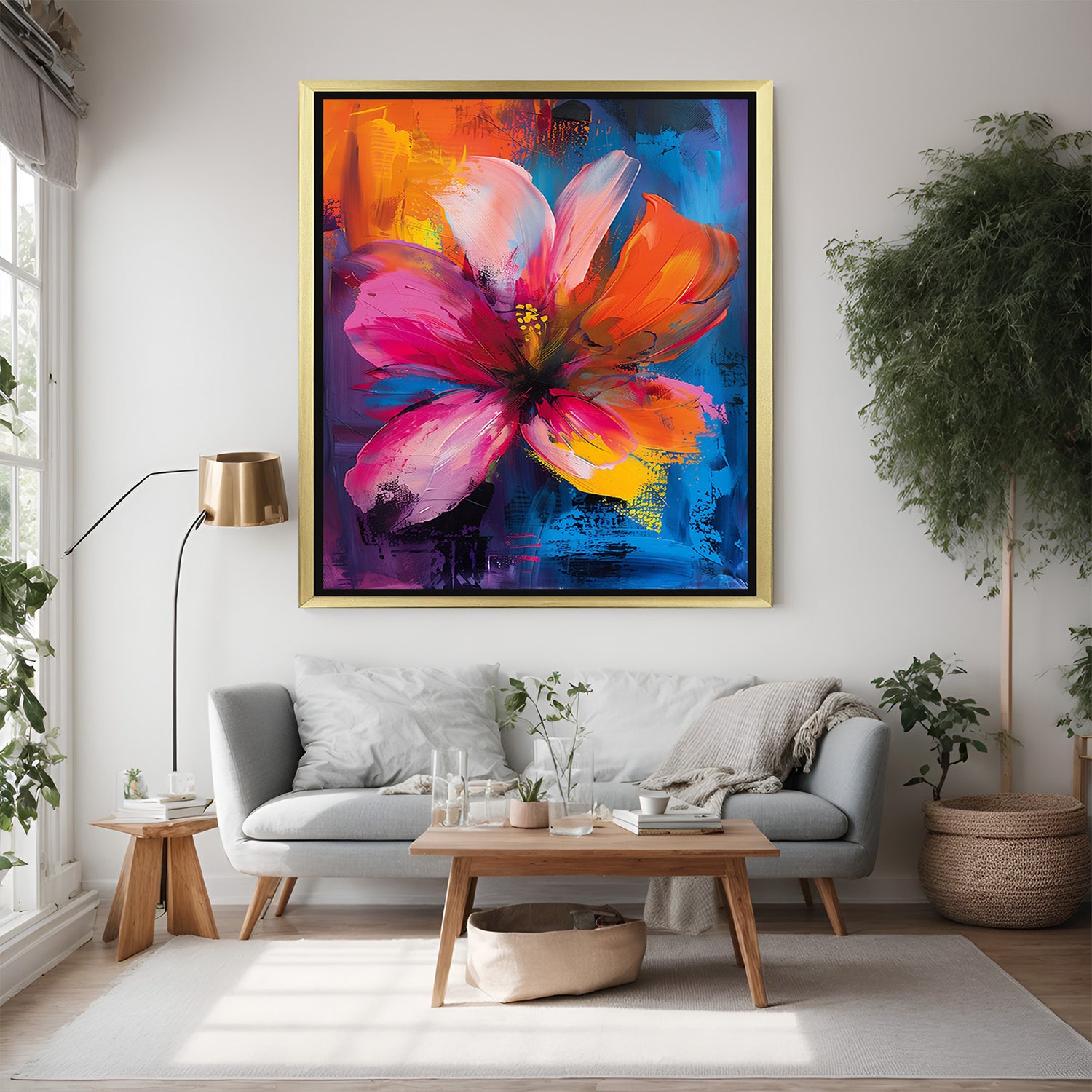 Golden frame abstract flower canvas – painted petal wall art for stylish and expressive home decor