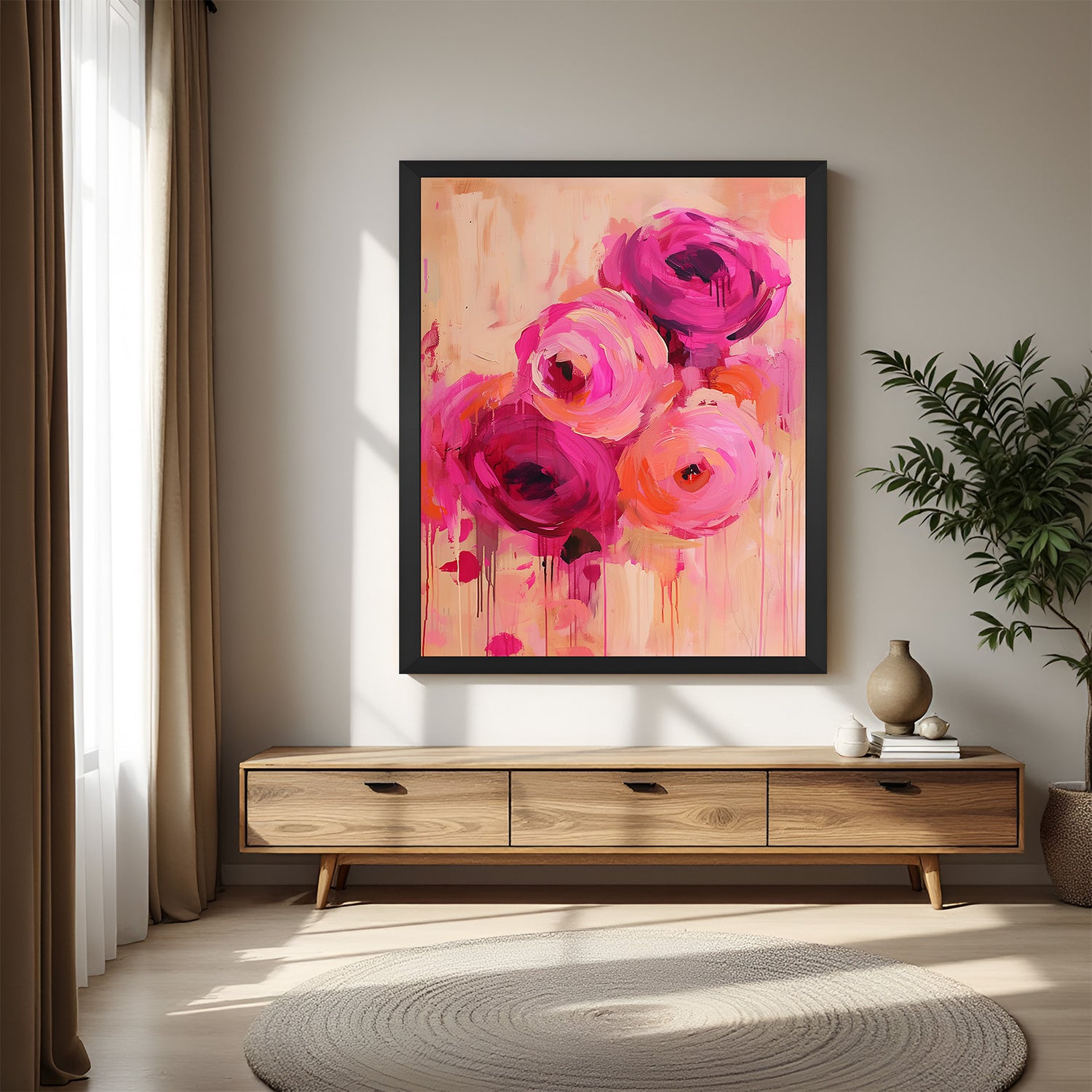 Black frame abstract rose canvas – four rose artwork in painted style, ideal for modern and floral-inspired interiors