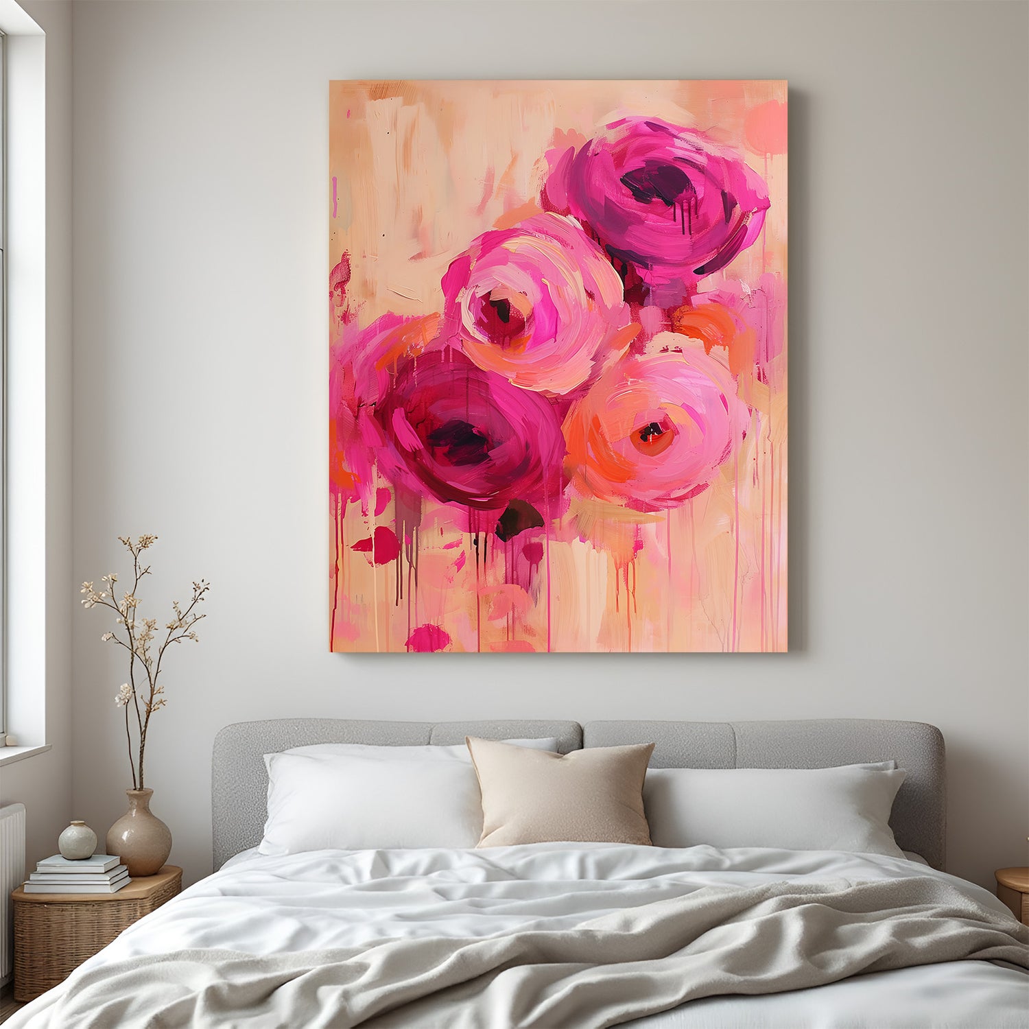 Abstract canvas wall art of four painted roses – artistic floral design with soft colors on large modern canvas for elegant wall decor
